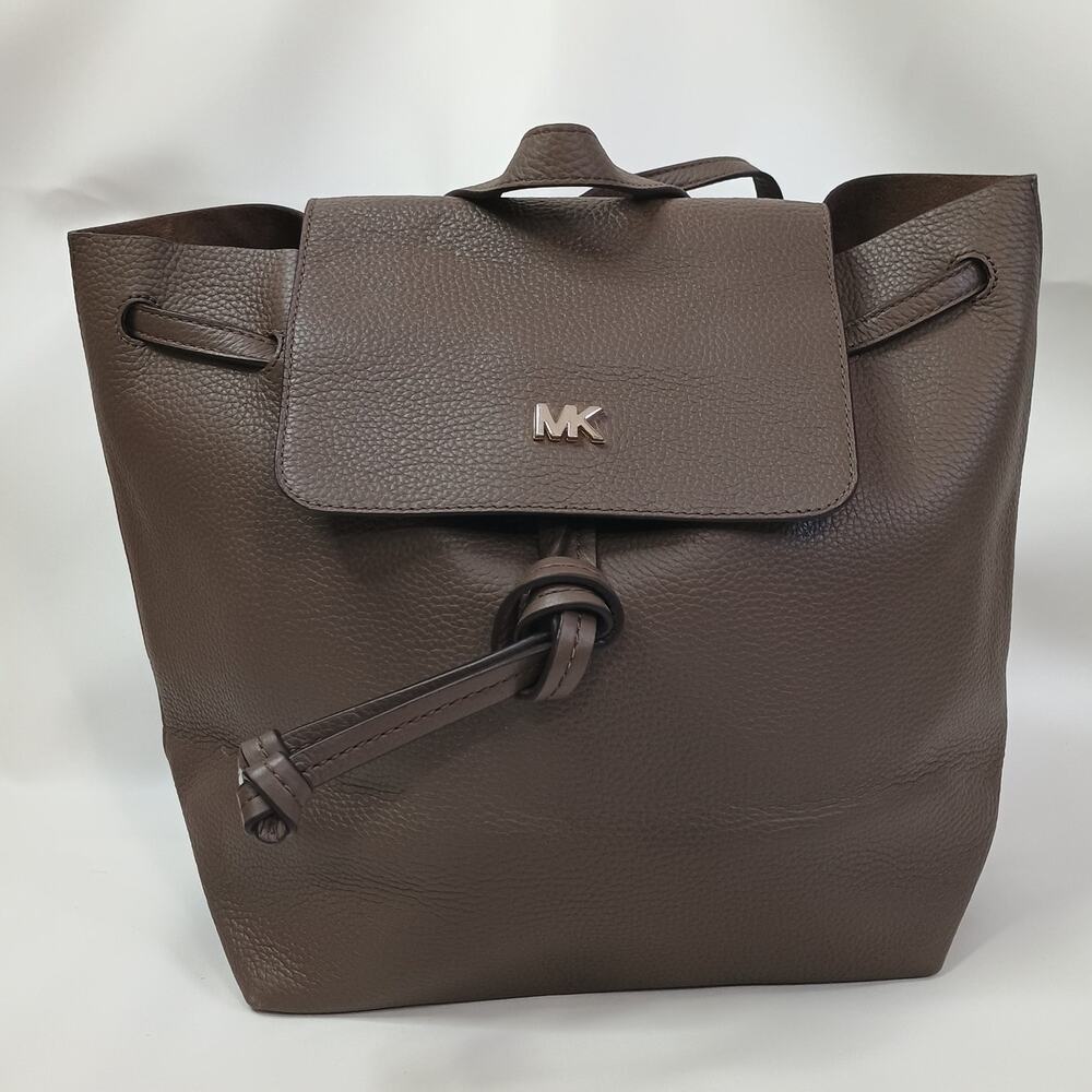 Michael Kors Junie Medium Flap Backpack Pebbled Leather Gold Hardware Taupe Bag